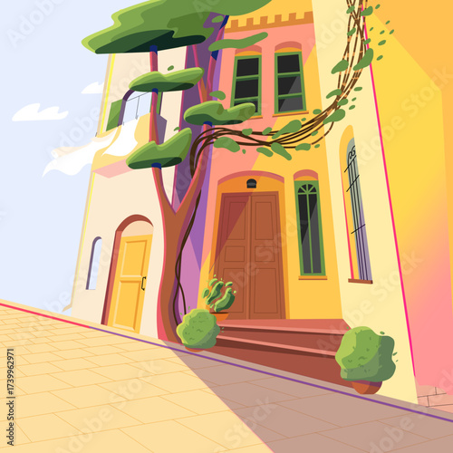 Vector illustration. A street on a sunny day with brightly colored house facades.