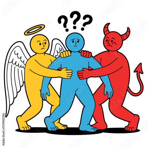Angel and devil pulling person in different directions decision making