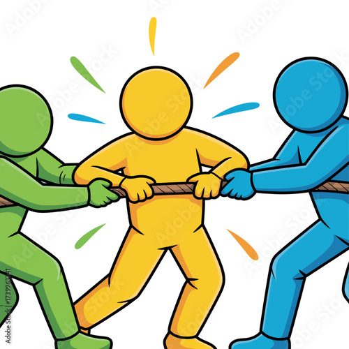 Three colorful figures in a tug of war competition