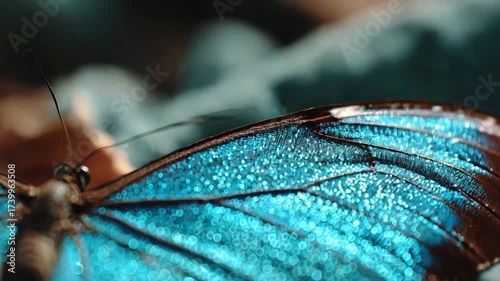 Closeup of a blue morpho butterfly’s wing.