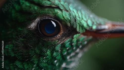 Closeup of a hummingbird’s eye with iridescent feathers.