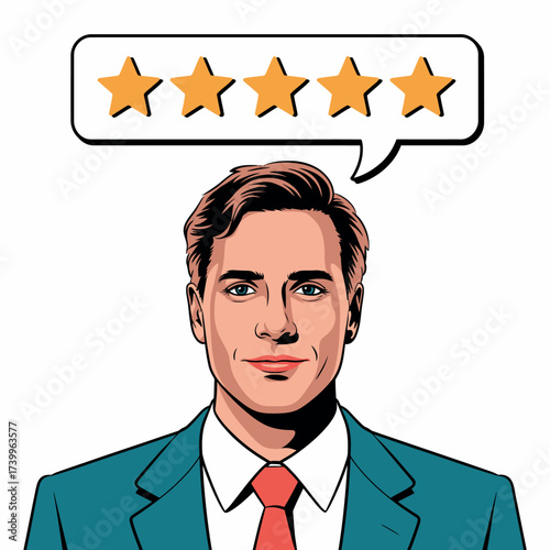 Man with five star rating in speech bubble above head