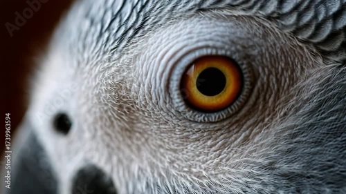 Closeup of an African grey parrot’s eye.