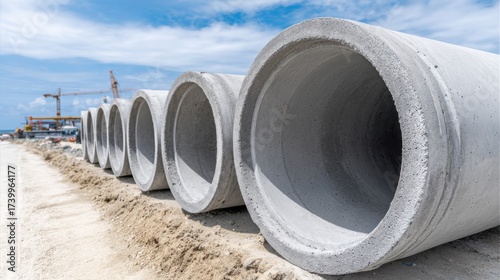 Wallpaper Mural A row of large, grey concrete pipes sits on sandy ground at an outdoor construction site, with a blue sky. Torontodigital.ca