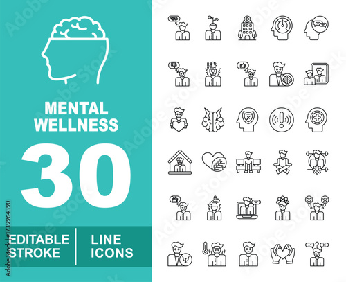 Mental wellness set of web icons in line style. Containing man, manplant, hospital, headspeed, people, manheart, doctor, manclock, people, heartshield, shield, head, home. Editable stroke icons