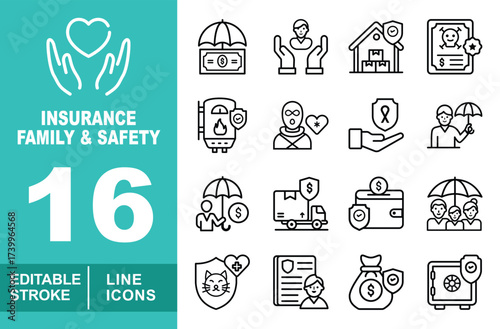 Insurance family & safety set of web icons in line style. Containing handheart, umbrella, hands, house, certificate, boiler, thief, handribbon, people, truck. Editable stroke icons collection.