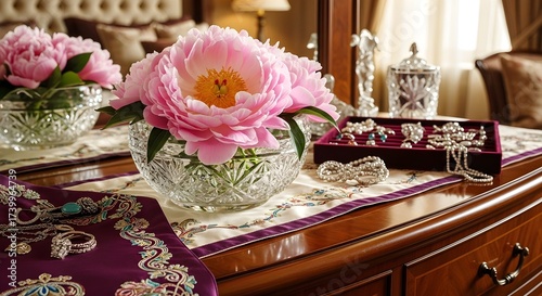 A peaceful morning scene with a bouquet of fresh pink peonies in a crystal vase on a sunlit vanity beside sparkling jewelry