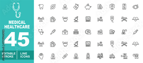 Medical healthcare set of web icons in line style. Containing tooth, pills, doctor, tag, piggybank, shield, computer, phone, eye, scale, oldman, medicine, microscope. Editable stroke icons collection.