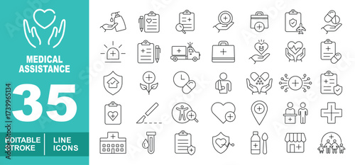Medical assistance set of web icons in line style. Containing handheart, sanitizer, clipboard, ambulance, briefcase, heartprotection, handpills, shield, plant, doctor, handpills. Editable stroke icons