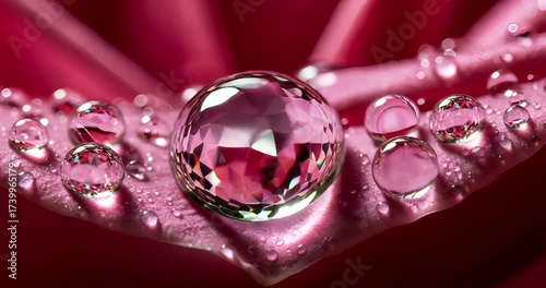 Close-up of a sparkling gemstone on a vibrant flower petal with droplets
