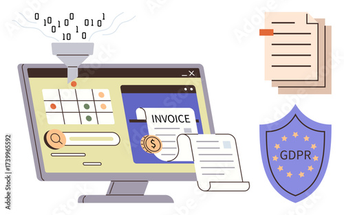 Computer screen with invoice, funnel filtering binary data, GDPR shield, and document stack. Ideal for data security, compliance, accounting, information flow, automation privacy legal issues