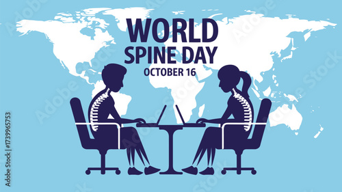 Vector art of world spine day concept showing people working at computers with poor posture, highlighting the importance of spinal health awareness globally