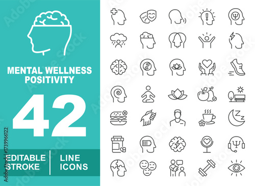 Mental wellness positivity set of web icons in line style. Containing headplus, mask, headidea, psi, cloudrain, heads, winner, flash, brain, yinyang, headlotus. Editable stroke icons collection.