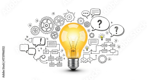 A yellow light bulb, with black and white sketch: gears, speech bubbles, question mark. Concept: idea, problem solving, innovation, workflow, system