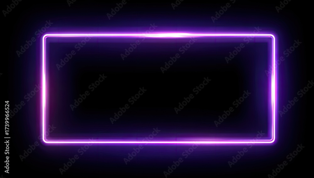 Fototapeta premium Vivid purple neon rectangle glows against a black backdrop, creating a framed border