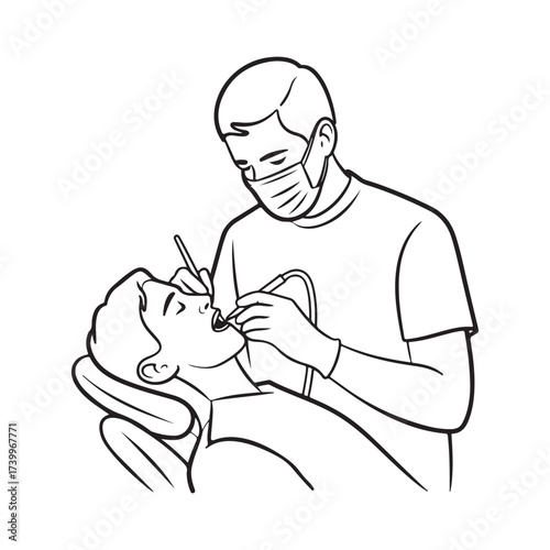 Dentist performs dental checkup and examination on patient in chair isolated on white background