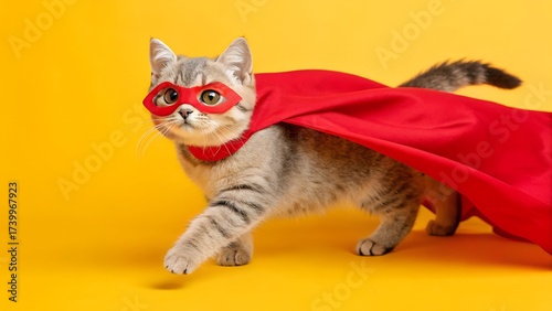 Over a vivid yellow setting. a cute superhero cat wearing a red cloak and mask is swooping and