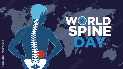 Vector art of world spine day illustration with a silhouette of a man showing his spine and a world map in the background