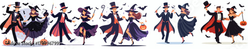 vector dancing couple magician and witch halloween celebration