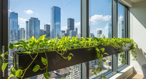 A long black planter with lush green vining plants on a high-rise window sill, offering a stunning panoramic view of a modern city skyline