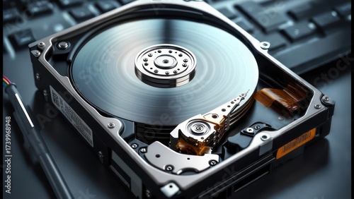Open Hard Drive Disk with Platter and Read Write Head.