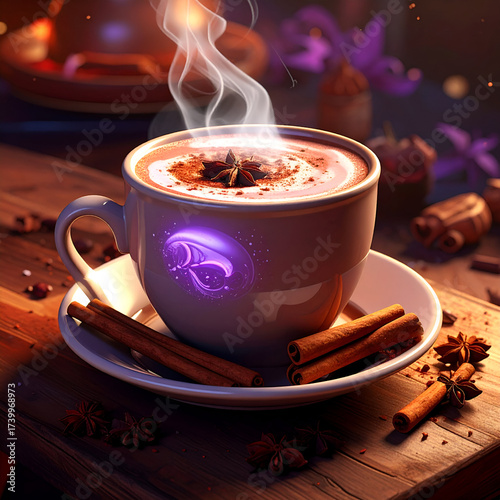 Warm and Comforting Spiced Latte with a Mystical Glowing Symbol.