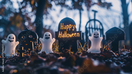 Ghosts, tombstones, and a Happy Halloween sign in a spooky graveyard setting