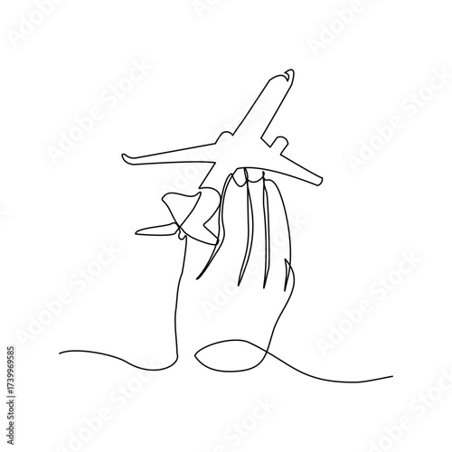 Continuous line of hand holding airplane air craft aero modeling toy miniature. Single line sketch drawing editable stroke of jet plane aero modeling remote control. Vector illustration
