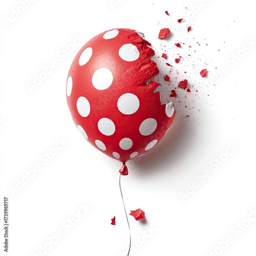Red polka-dot balloon bursts, exposing inner material, on a white background, with debris