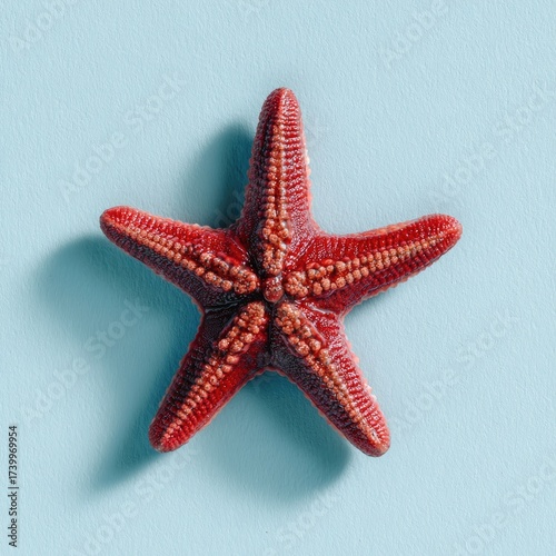 Overhead shot of a vibrant red starfish on a textured blue background