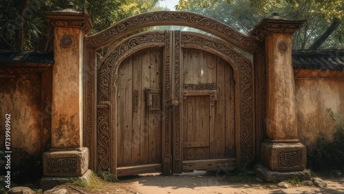 Ornate wooden gate with carved details set in a stone wall, framed by pillars, leading to foliage