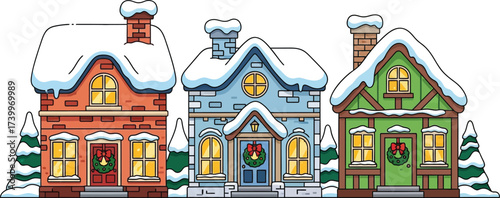 Snow bush Christmas village row of residential buildings. winter Christmas theme. Colorful Alphone cottage countryside housing architecture in the snow landscape 