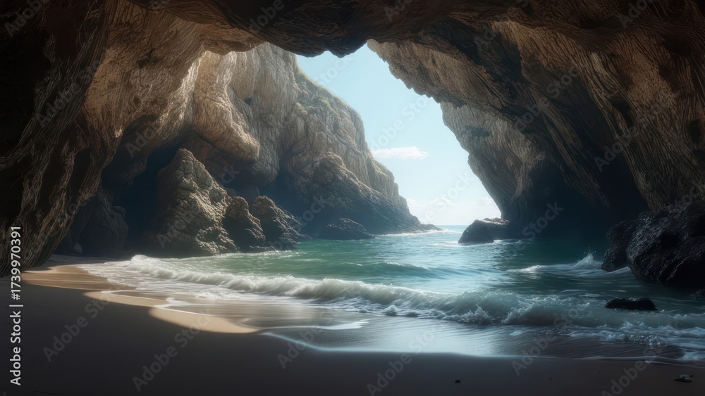 Obraz premium Coastal cave opening onto a tranquil beach and ocean