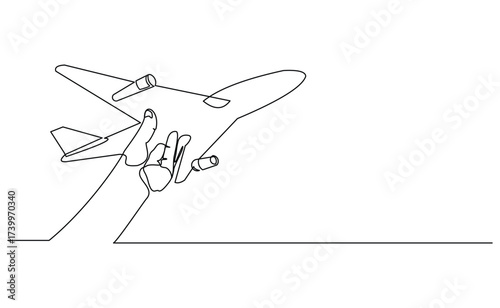 Continuous line of hand holding airplane air craft aero modeling toy miniature. Single line sketch drawing editable stroke of jet plane aero modeling remote control. Vector illustration