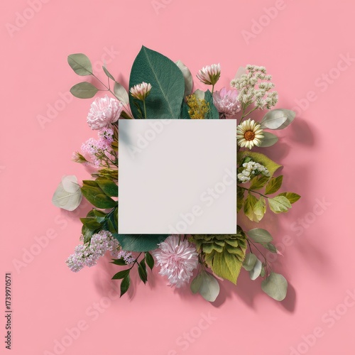 Square blank card framed by floral arrangement of pink, white, green, and other elements on pink