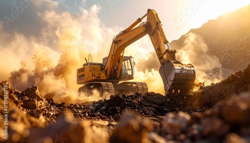 An excavator digging into a pile of raw earth and rock, dust cloud, powerful hydraulic arm, detailed machinery, focus on the scale and force, bright daylight, construction site feel.