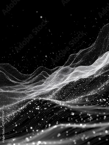 Digital white wave pattern creates a mesmerizing ripple effect against a black background with soft sparkling particles