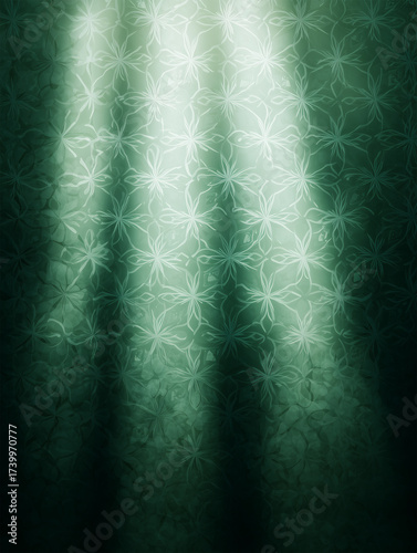 Delicate white geometric pattern illuminates dark green background with subtle beams of light creating an enchanting atmosphere