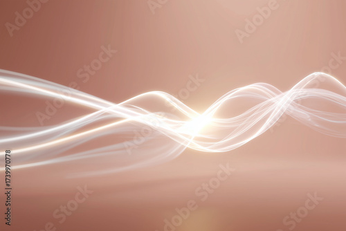 Floating abstract waveform radiating white light in pastel peach room with gentle light rays bending