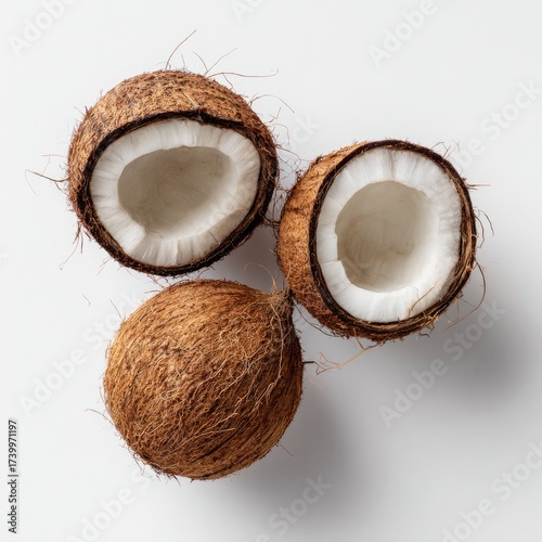 Three coconuts, two cracked open to reveal white flesh, against a clean white background