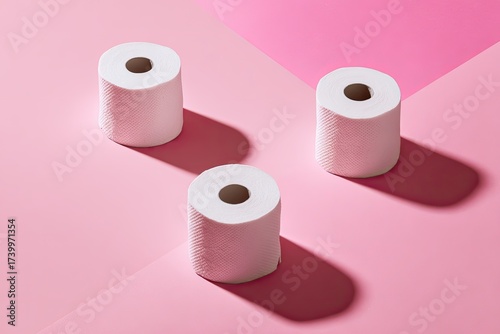 Three rolls of white toilet paper cast distinct shadows on a geometric pink and rose background