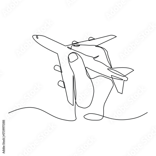 Continuous line of hand holding airplane air craft aero modeling toy miniature. Single line sketch drawing editable stroke of jet plane aero modeling remote control. Vector illustration