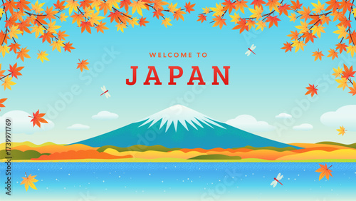 Welcome to Japan background vector illustration. Beautiful Autumn landscape of Mount Fuji and Lake