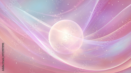 Glowing orb surrounded by ethereal ribbons of light against a soft pastel background creating a dreamy atmosphere