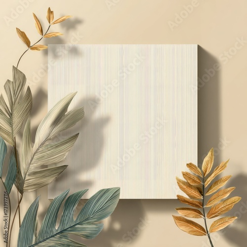 Square cream canvas with decorative leaves, shadows on neutral background