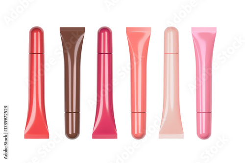 Makeup and Lipgloss Tubes Set. Colorful Cosmetic Packaging Mockup on a Transparent Background.