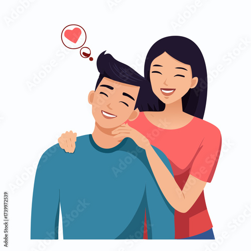 A heartwarming illustration of a happy couple in love, with the woman affectionately embracing the man