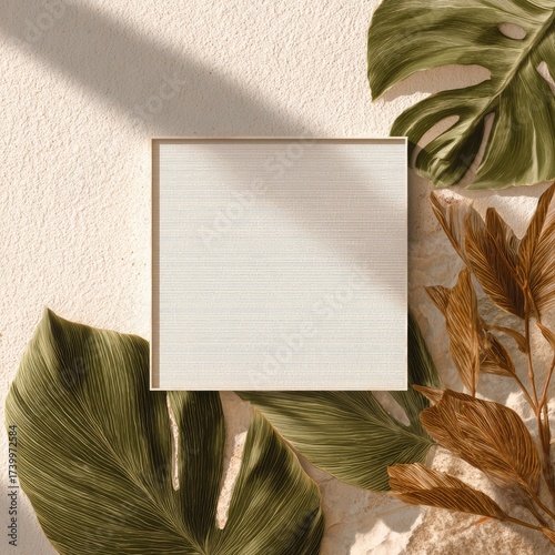 Square paper framed, surrounded by tropical leaves, with textured background and shadows
