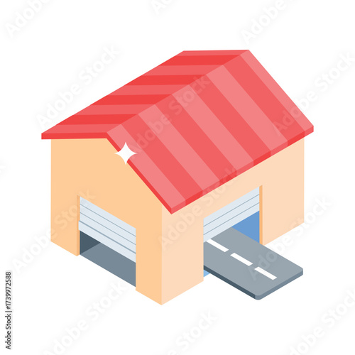 Trendy Isometric warehouse building icon for logistics and storage operations.