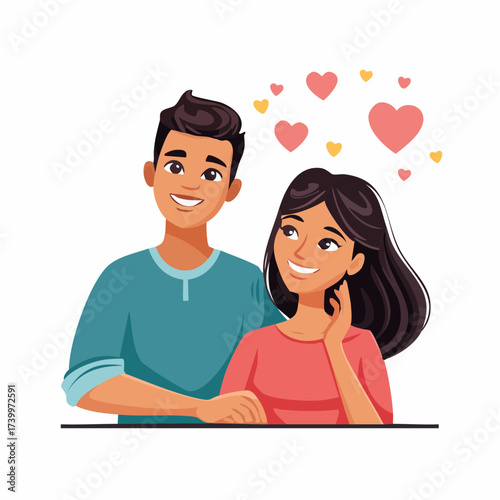 Smiling cartoon couple deeply in love, looking at each other with affection and warmth, surrounded by floating hearts, symbolizing a happy and romantic relationship